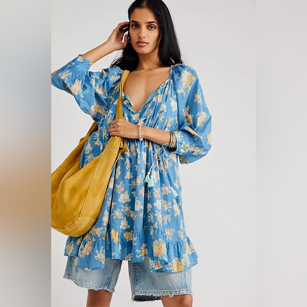 Free People Blue Floral Long Sleeve Camella Cotton Boho Mini Peasant Dress